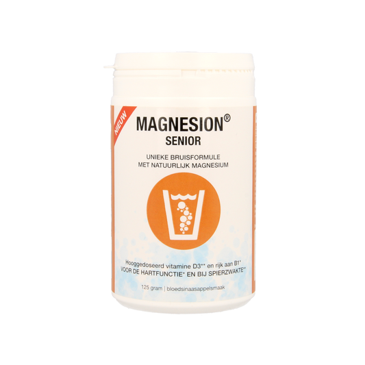 Magnesion Senior mineral supplement in 125g container, featuring a colorful label with natural mineral ingredients.