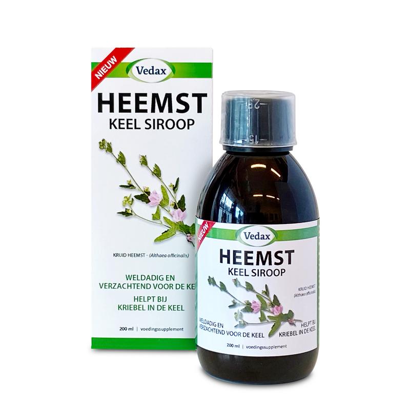 Vedax Heemst keel siroop in 200ml bottle, herbal preparation with herbal extract, shown in a clear container against a white background.