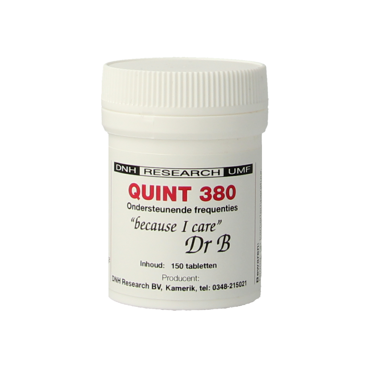 DNH Quint 380 herbal supplement tablets, showing a close-up of the bottle with white tablets inside.