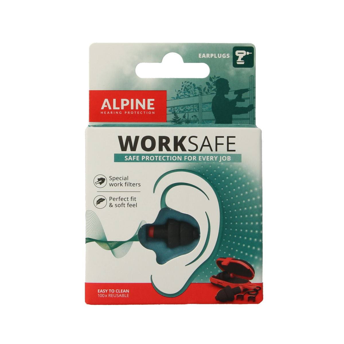 Alpine Worksafe earplugs for hearing protection, pair of two, shown in close-up with a white background.