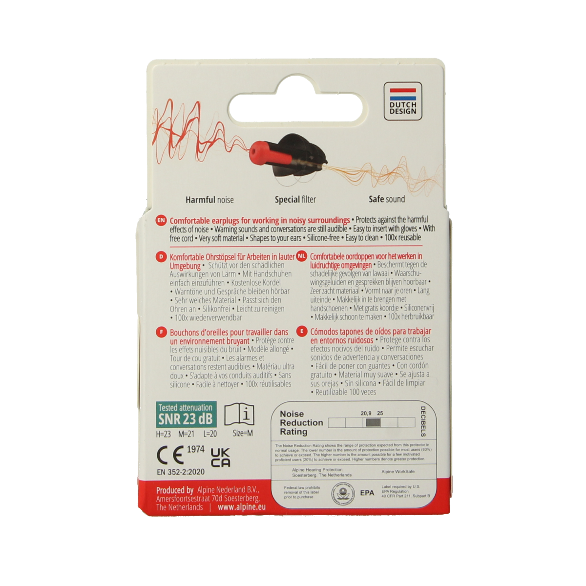 Alpine Worksafe earplugs for hearing protection, pair of two, shown in close-up with orange and black design.