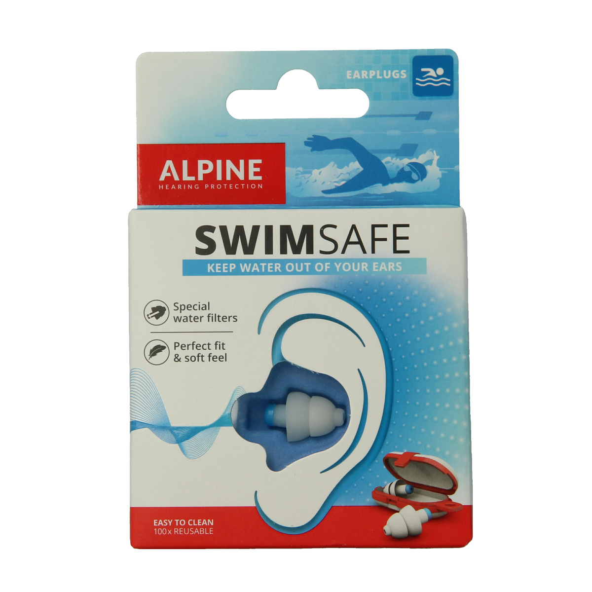Alpine Swimsafe earplugs for hearing protection, shown in a pair, designed to block water and noise during swimming.
