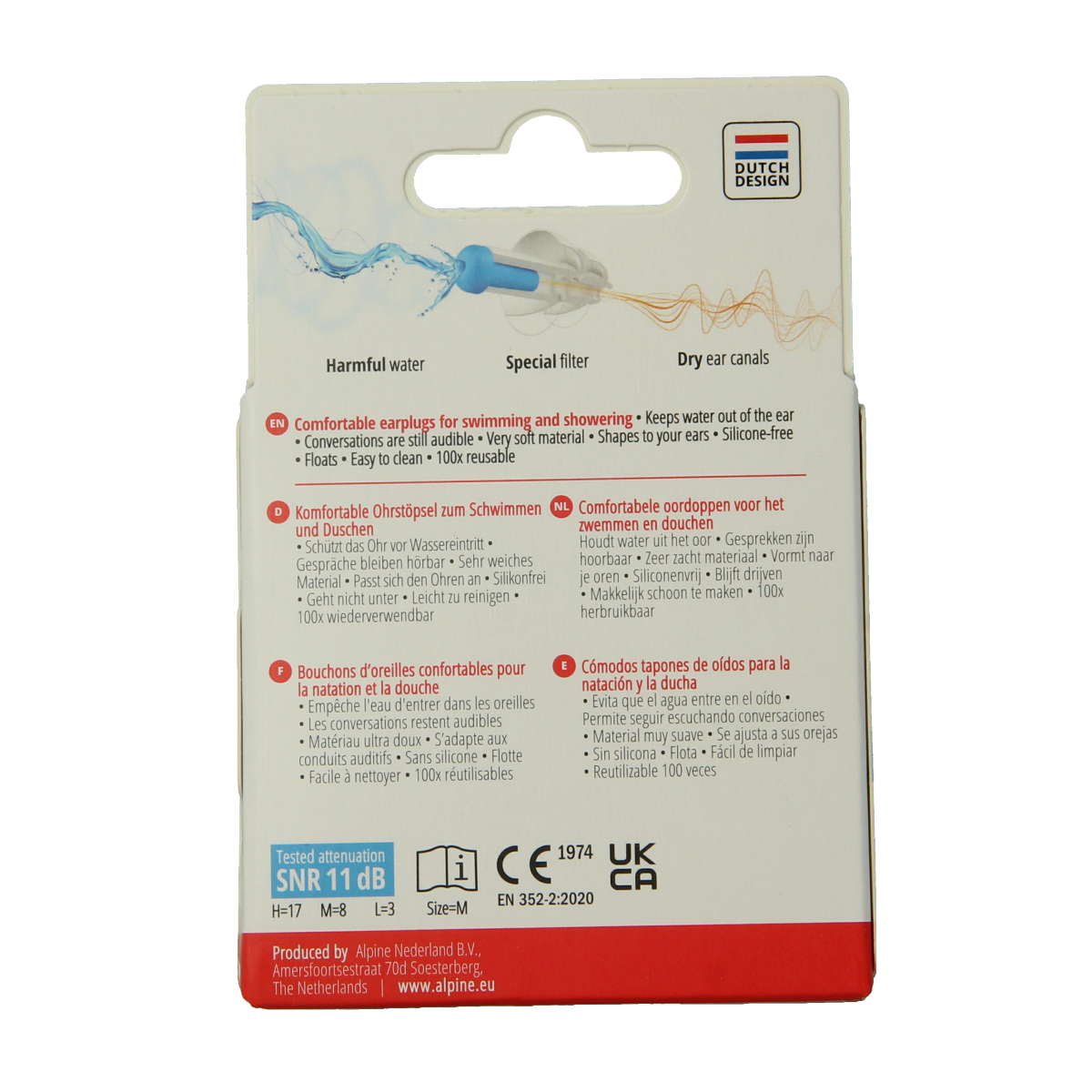 Alpine Swimsafe earplugs for water protection, showing a pair of noise-canceling hearing protectors in a compact design.