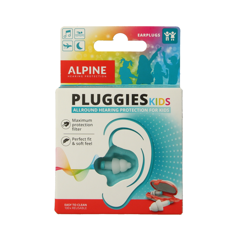 Alpine Pluggies kids earplugs for hearing protection, showing a pair of colorful earplugs designed for children.