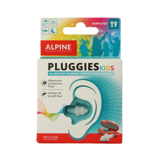 Alpine Pluggies kids earplugs for hearing protection, showing a pair of colorful earplugs designed for children.