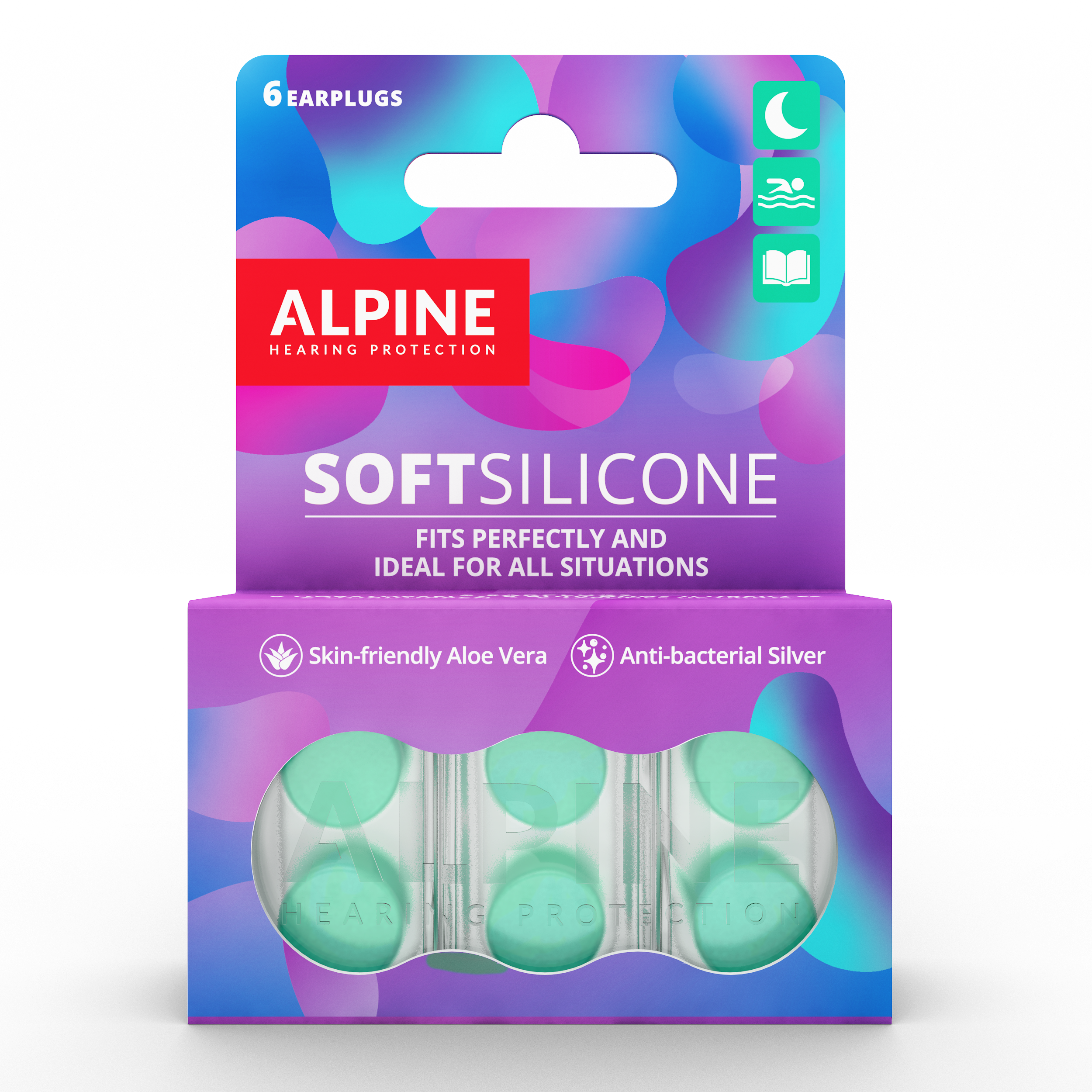 Alpine soft silicone earplugs for hearing protection, pair of three, shown in the image.