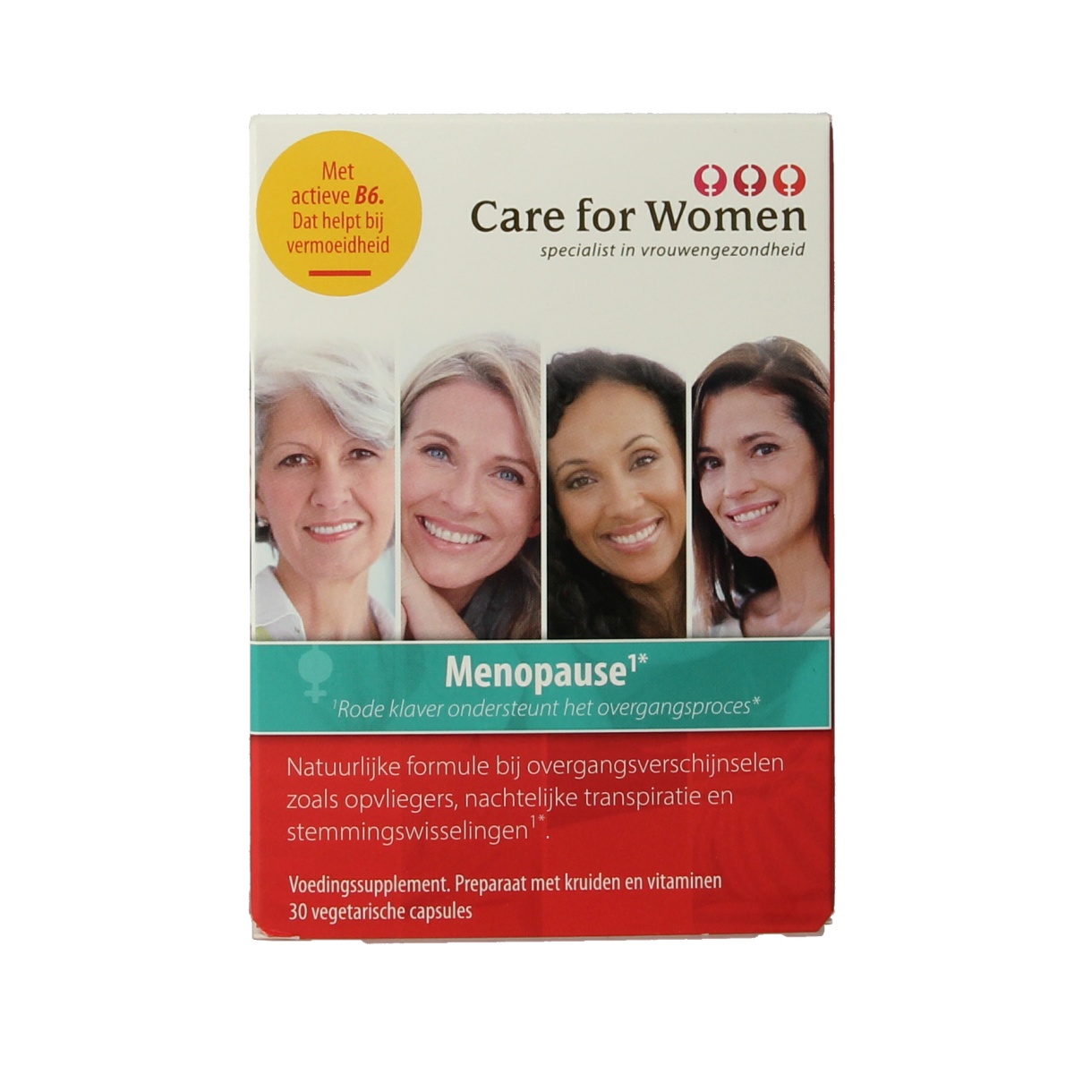 Bottle of Care For Women Menopause herbal capsules by Kruidenpreparaten, showing 30 capsules in a clear container.