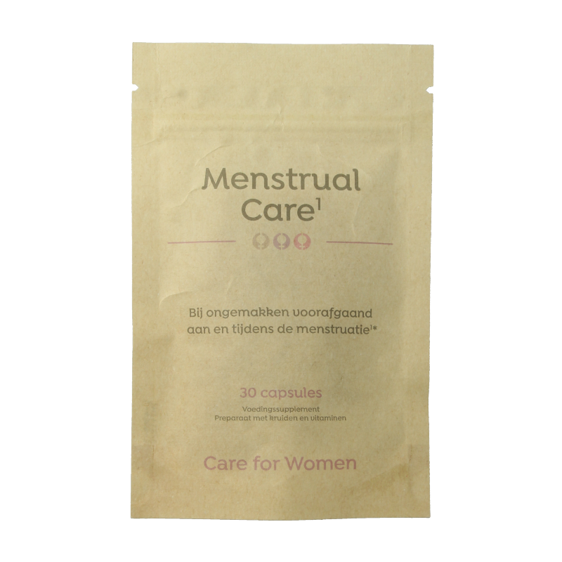 Care For Women Menstrual Care capsules in a bottle, herbal supplement from Kruidenpreparaten brand for menstrual health support.