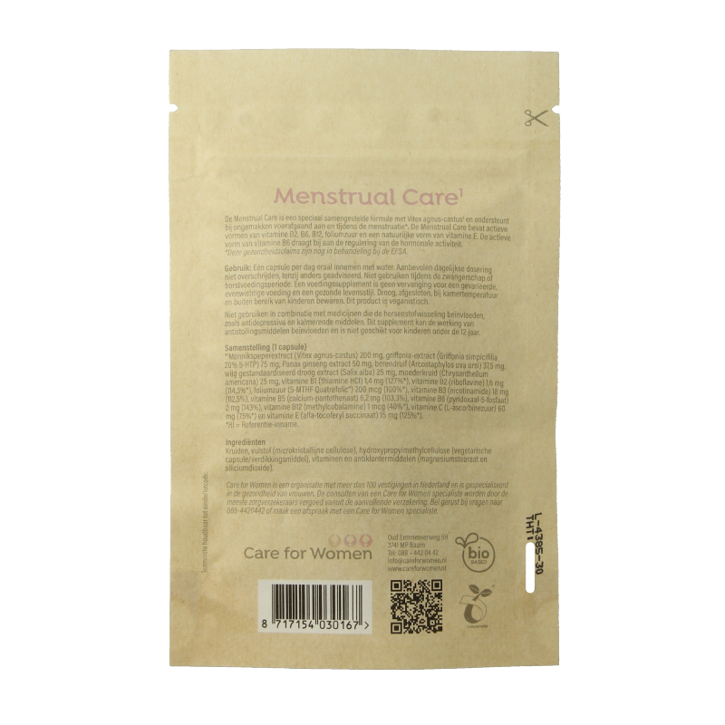 Care For Women menstrual care capsules, natural herbal supplement in a white bottle with 30 capsules, for women's menstrual health.