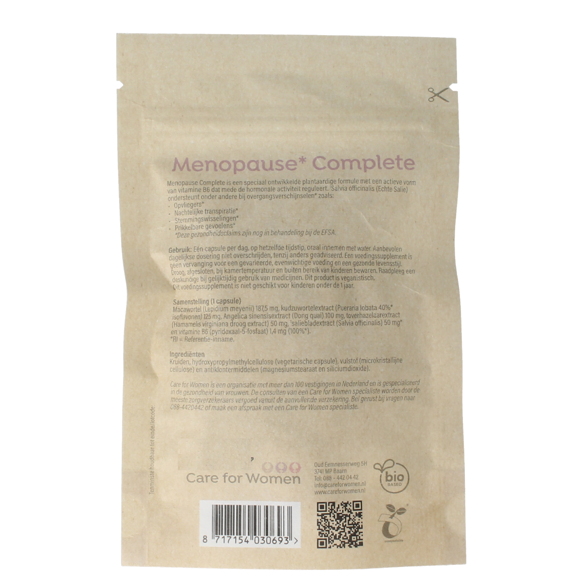 Vegetarian capsules of Care For Women Menopause Forte herbal supplement, showing the product packaging and capsules.