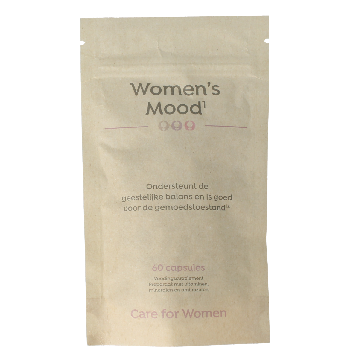 Care For Women Mood amino acid capsules in a bottle, dietary supplement for women’s mood support, 60 capsules.