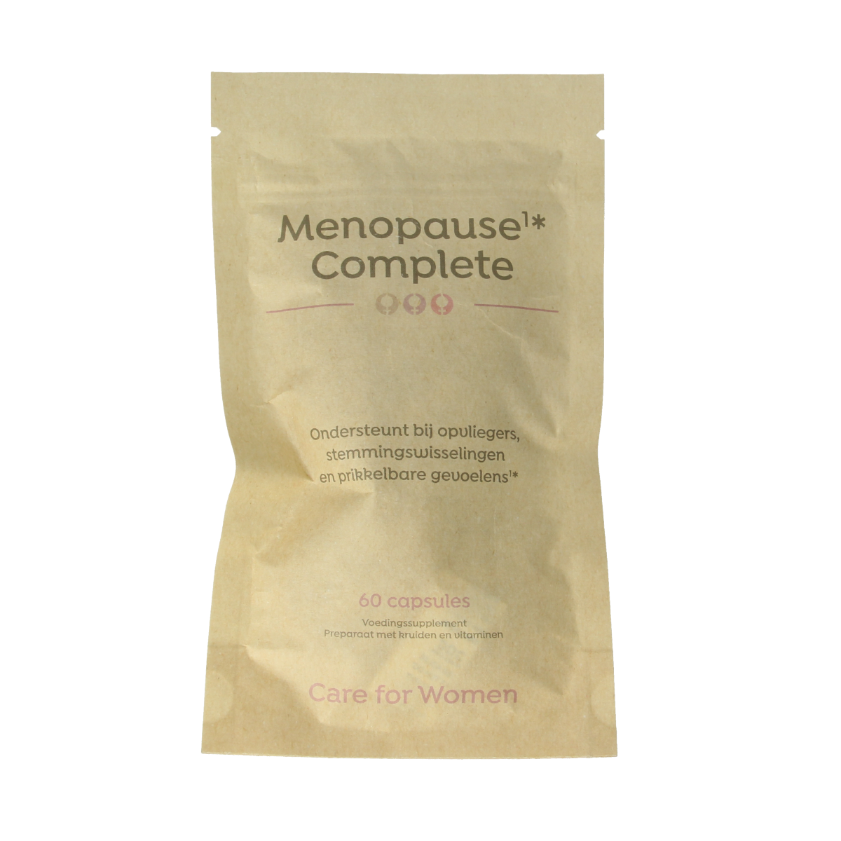 Care For Women Menopause Forte vegetarian herbal capsules in a bottle, containing natural supplement for menopause support.