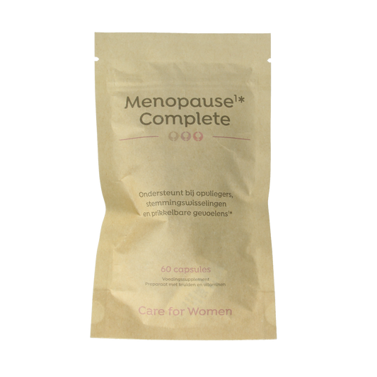 Care For Women Menopause Forte vegetarian herbal capsules in a bottle, containing natural supplement for menopause support.