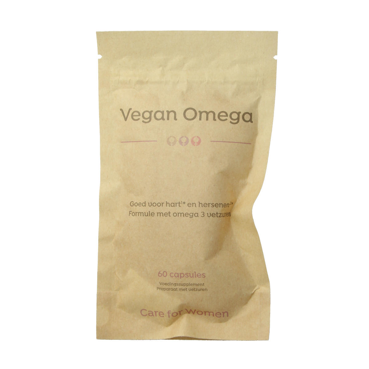 Vetzuren Care For Women Vegan omega capsules in a bottle, supplement for women's health, with a white label and capsule cap.