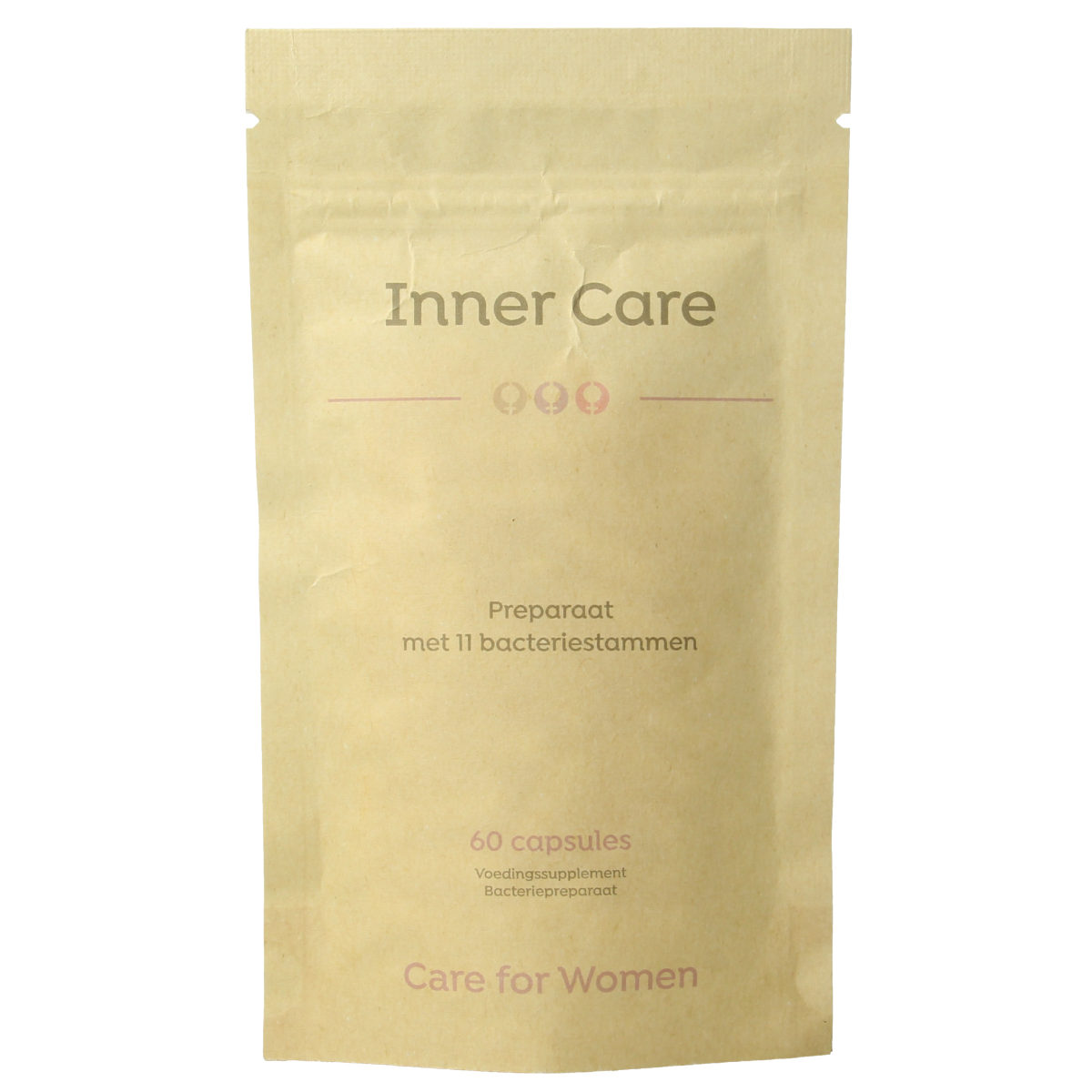 Care For Women Inner Care probiotic capsules, micro-organismen supplement for women's digestive health, 60 capsules in bottle.