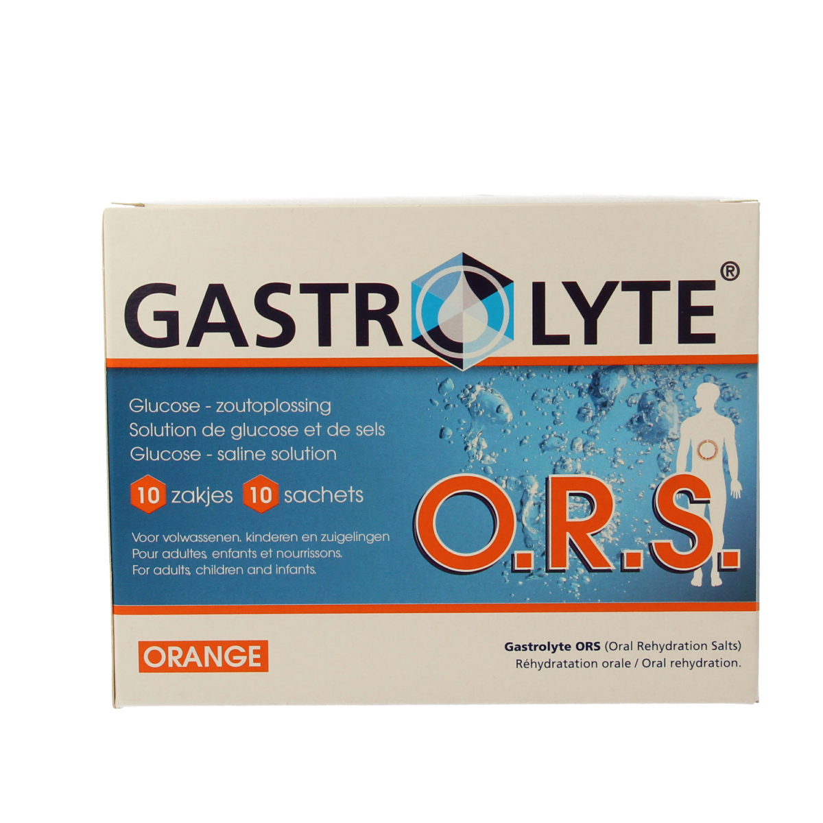 Gastrolyte O.R.S. Orange mineral multi sachets, rehydration powder for dehydration relief, displayed in a box with orange packaging.