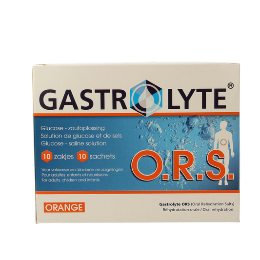 Gastrolyte O.R.S. Orange mineral multi sachets, rehydration powder for dehydration relief, displayed in a box with orange packaging.