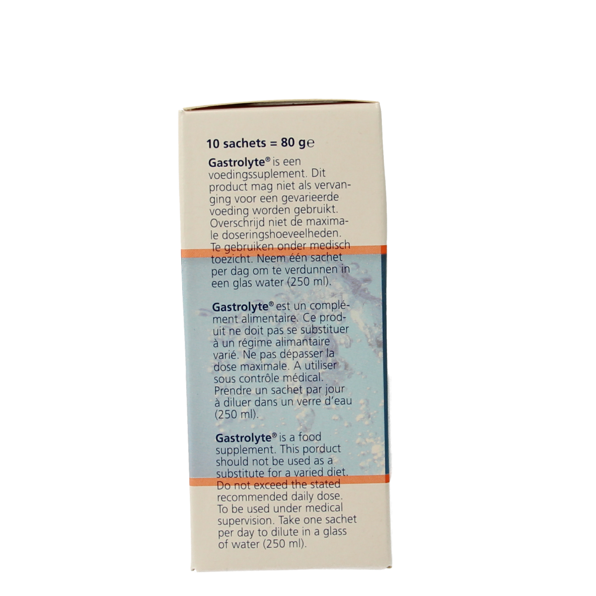 Gastrolyte O.R.S. orange mineral rehydration sachets, 10-pack, for electrolyte replenishment and hydration.