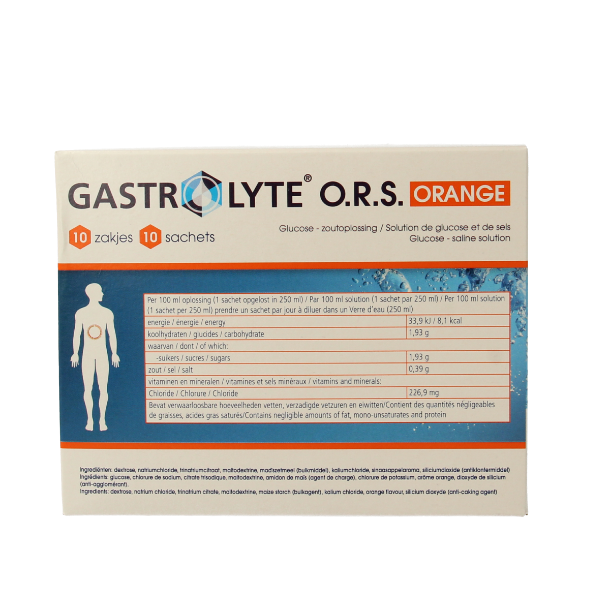 Gastrolyte O.R.S. Orange mineral multi sachets, rehydration salt packages with orange flavor for electrolyte replenishment.