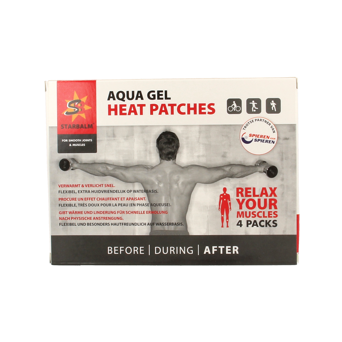 Star balm Aquagel warmtepleisters for muscle and joint relief, shown in a box with four adhesive heat patches