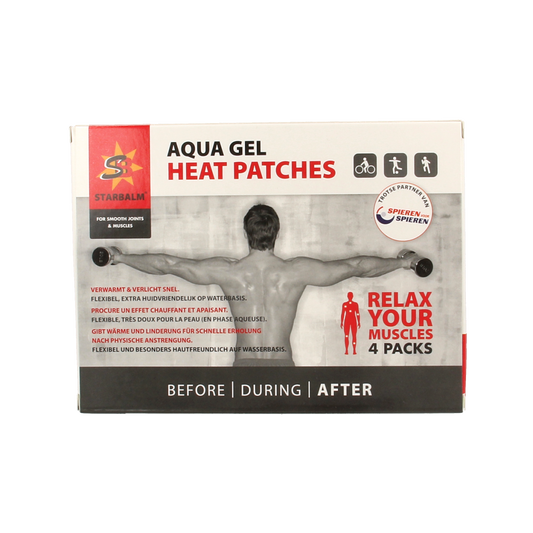 Star balm Aquagel warmtepleisters for muscle and joint relief, shown in a box with four adhesive heat patches