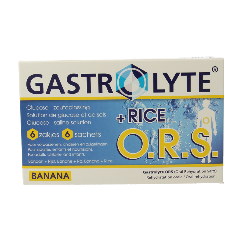 Gastrolyte O.R.S. mineral hydration sachets with rice and banana flavor, 6-pack for replenishing electrolytes and hydration.