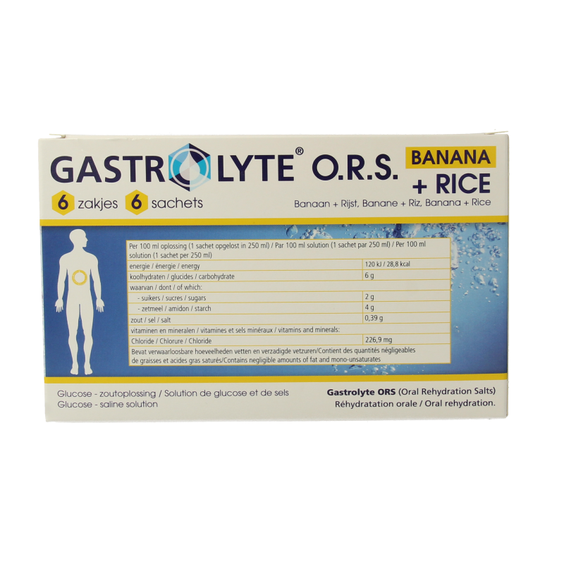 Gastrolyte O.R.S. rice and banana electrolyte drink sachets, mineral supplement, package of six.
