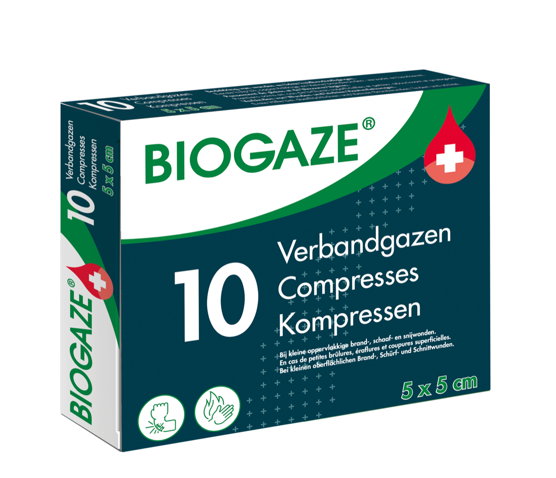 Biogaze gauze and compresses 5x5cm sterile dressings, pack of 10 for wound care, shown in the image.