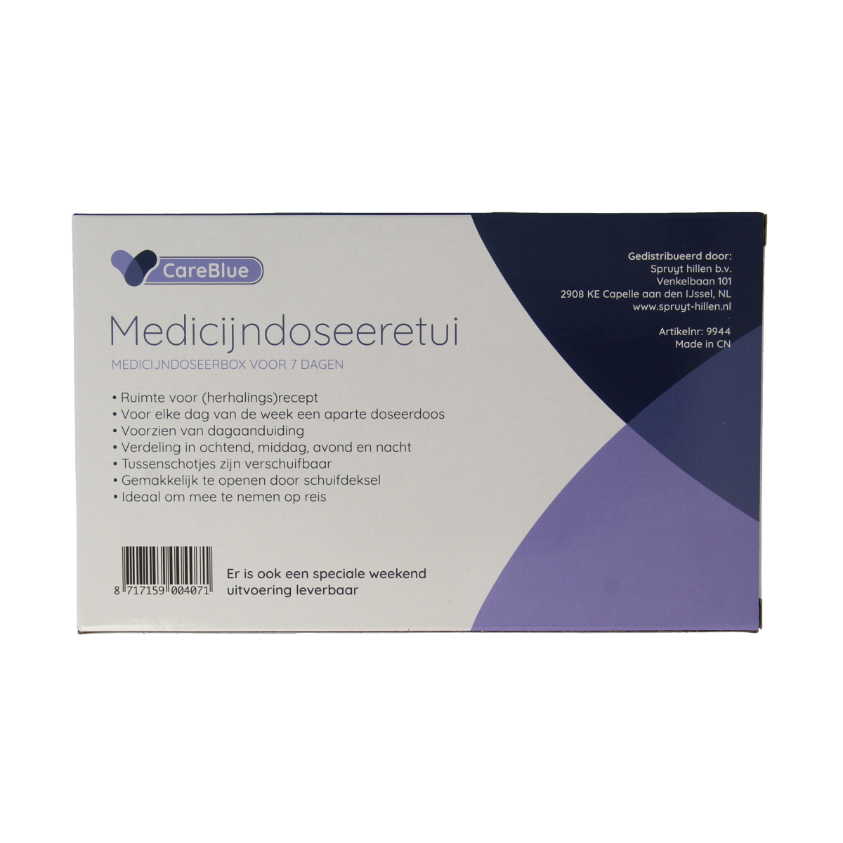 Spruyt Hillen 7-day medication doseeretui with one compartment, designed for organized medicine storage.