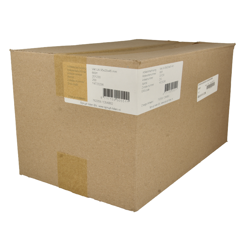 Spruyt Hillen strip cardboard boxes UA 95 x 20 x 45 mm for packaging, shown in a stack with 250 pieces.
