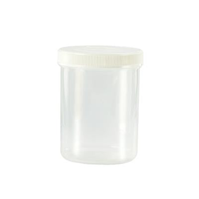 Spruyt Hillen transparent 170ml tablet flask with stopper, used as instrument container, shown with a clear view of the flask.