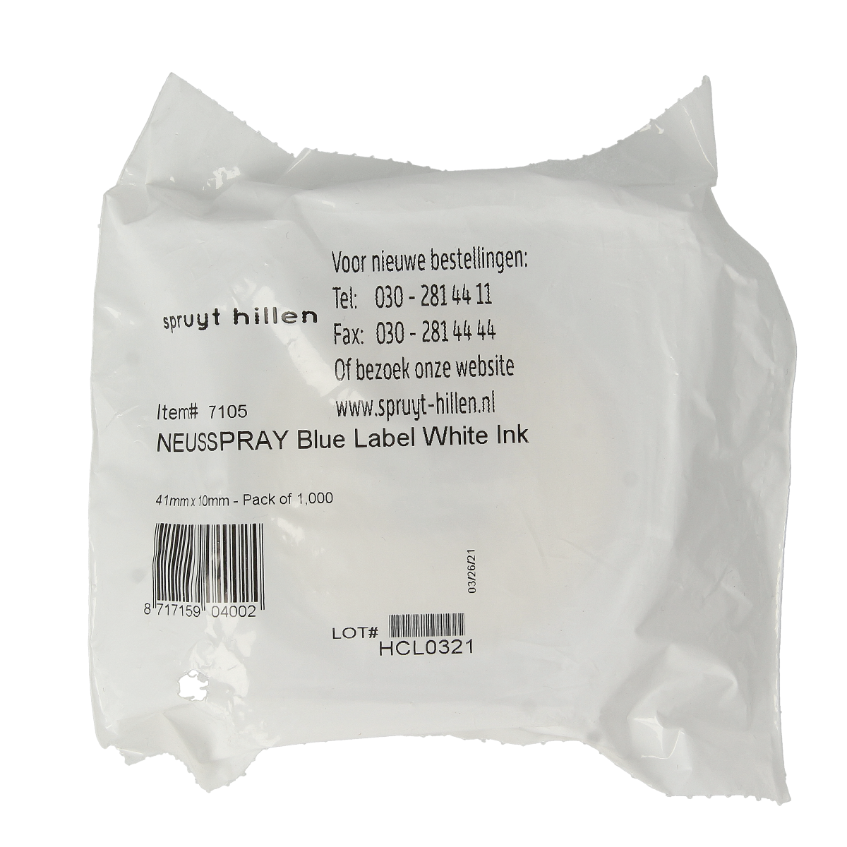 Spruyt Hillen sticker labels for nasal spray packaging, featuring a sheet of 1000 adhesive etiketten.
