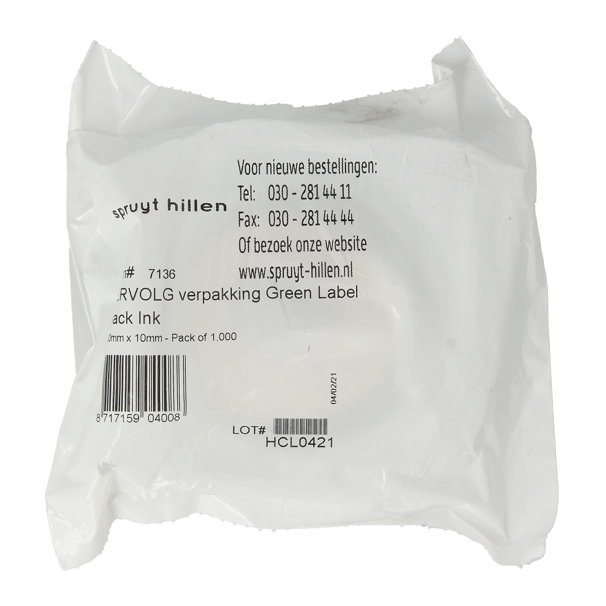 Spruyt Hillen sticker labels in a large box, 1000 pieces, designed for product packaging or branding purposes.