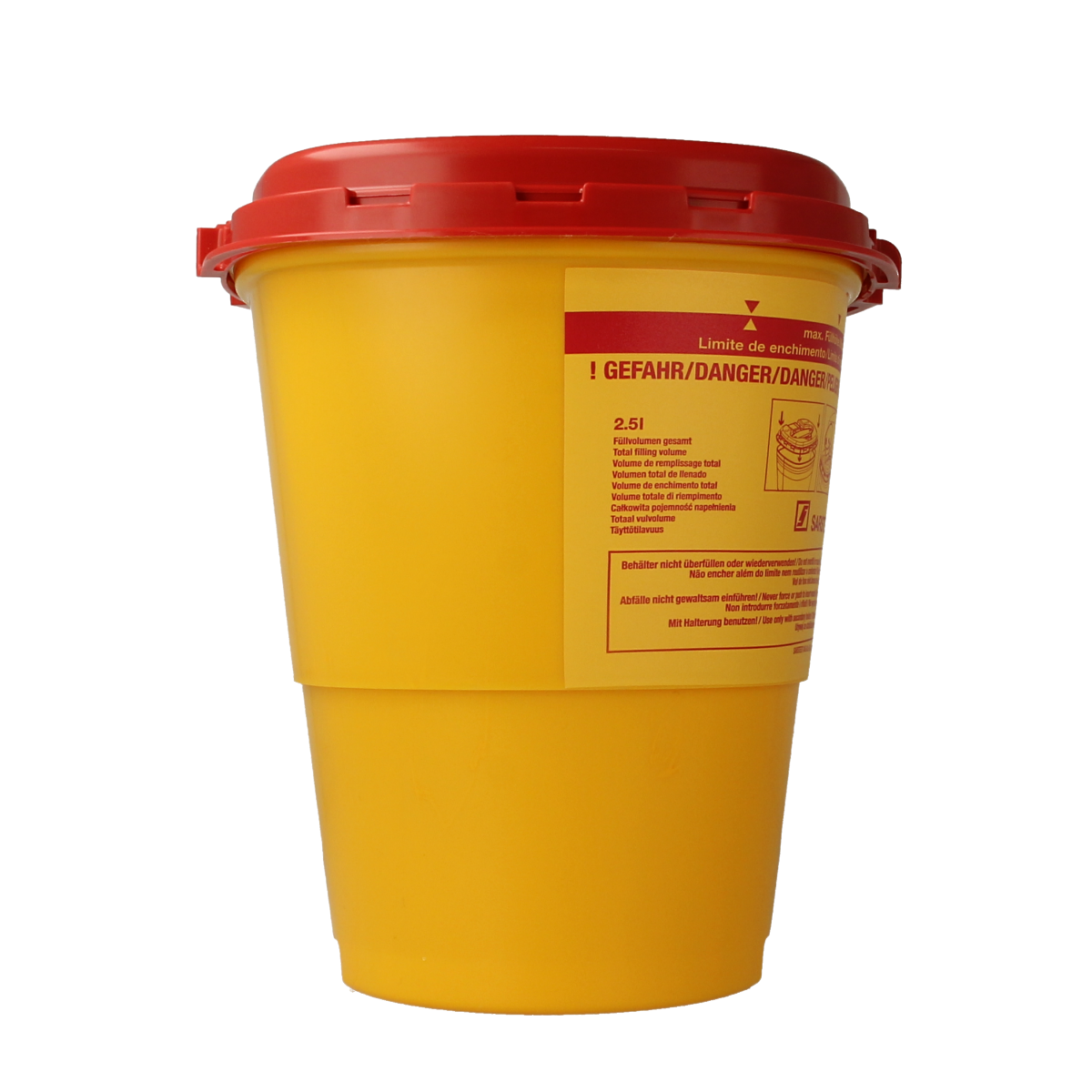 Spruyt Hillen 2.5L lancetten en naalden container for safe needle disposal, shown with transparent lid and labeling.