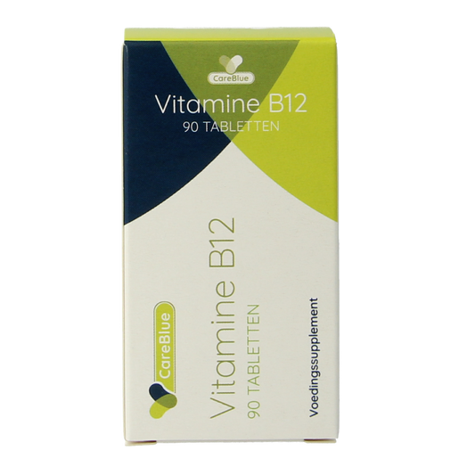 Spruyt Hillen Vitamin B12 1000 mcg tablets, natural supplement, close-up of the bottle and tablets against a neutral background.