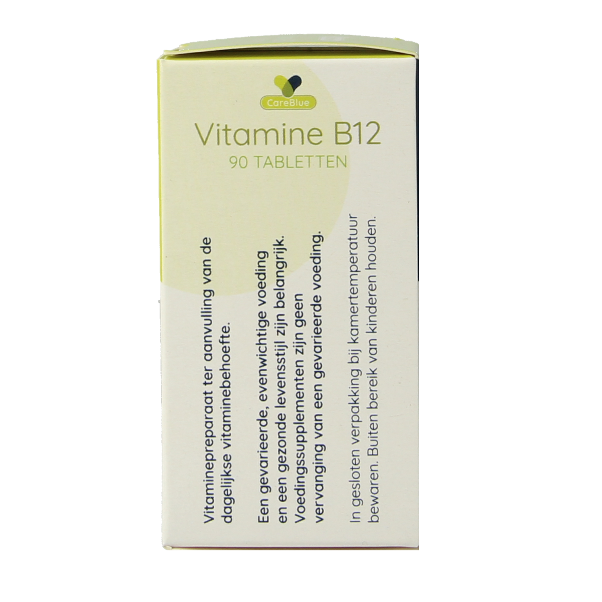 Spruyt Hillen Vitamin B12 1000 mcg tablets, bottle with 90 pills, close-up of the supplement packaging and label.