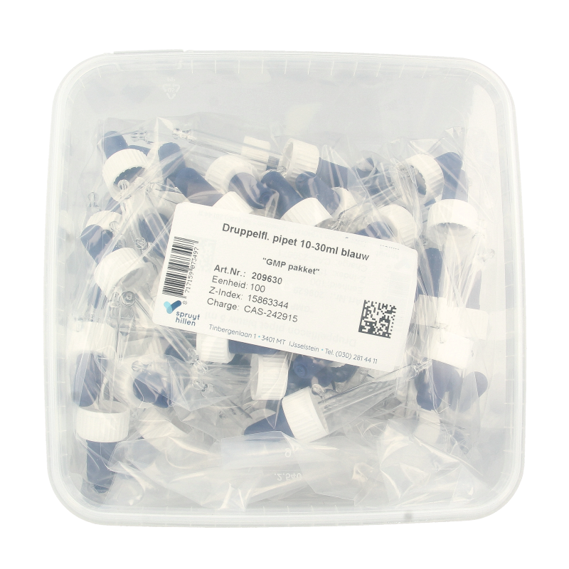 Set of 100 blue Spruyt Hillen Druppelflacon pipet 10-30ml for packaging, made of durable plastic.