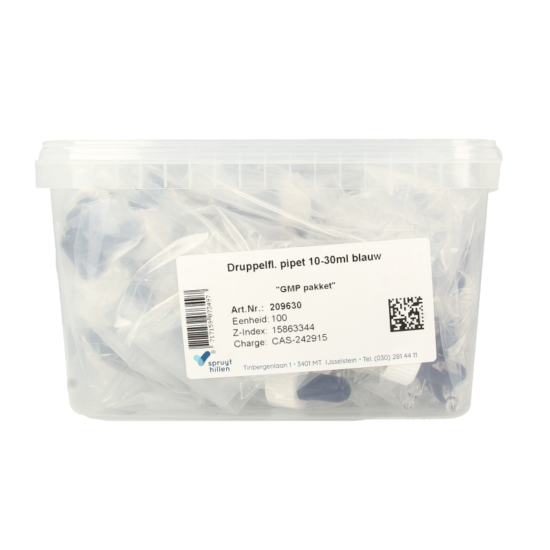 Set of 100 blue Spruyt Hillen Druppelflacon pipet 10-30ml, clear plastic packaging for precise liquid transfer and measurement.