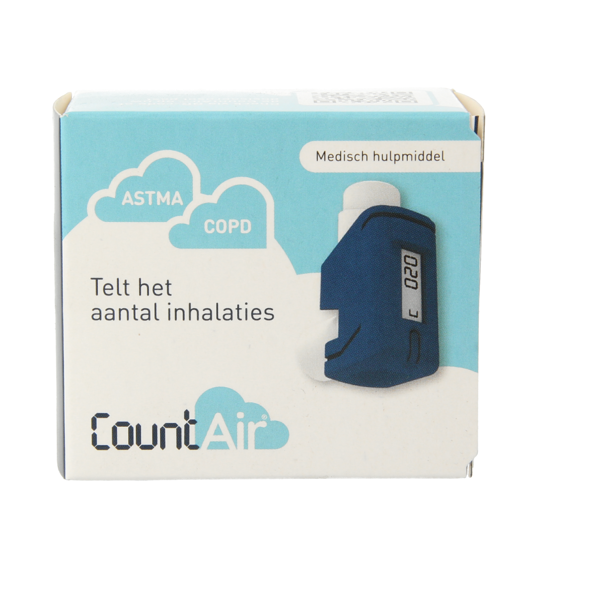 Spruyt Hillen Countair blauw neusverzorging en inhalatie product, close-up of the packaging with blue design elements.
