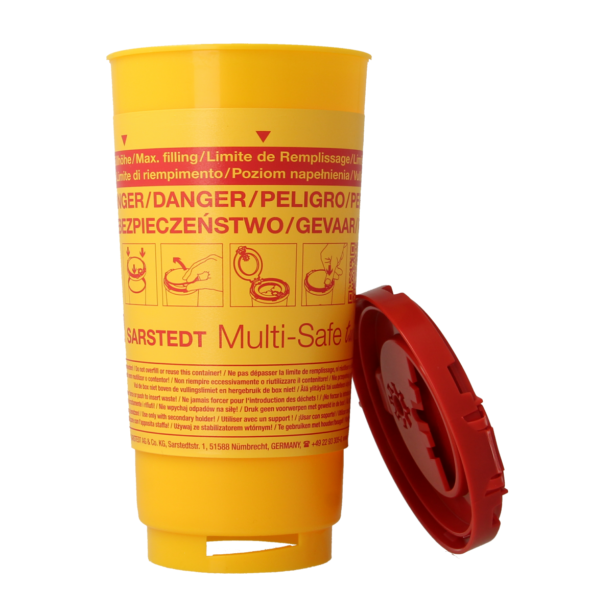 Spruyt Hillen 500ml lancetten container with safety cap, designed for storing and disposing of lancets and needles safely.