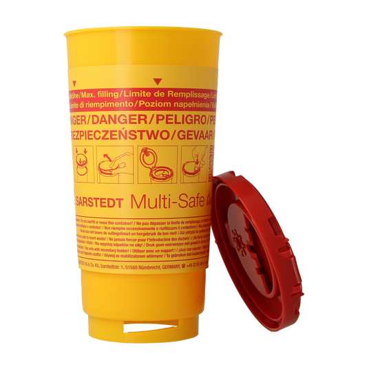 Spruyt Hillen 500ml lancetten container with safety cap, designed for storing and disposing of lancets and needles safely.