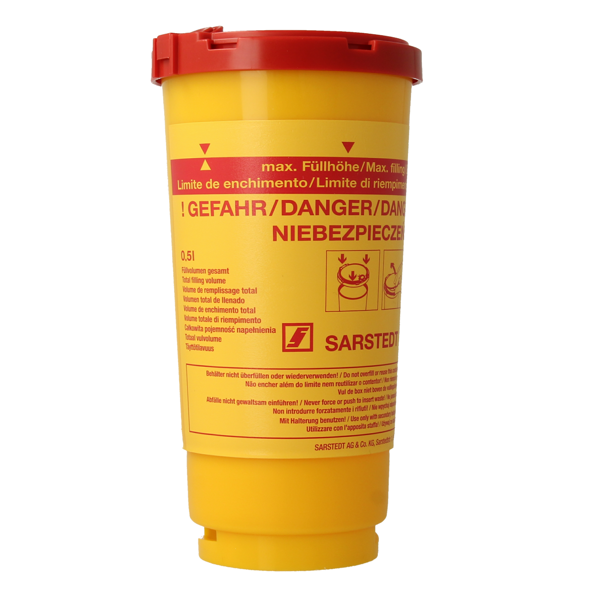 Spruyt Hillen 500ml lancet container for needles and lancets, shown with transparent lid and label on a white background.