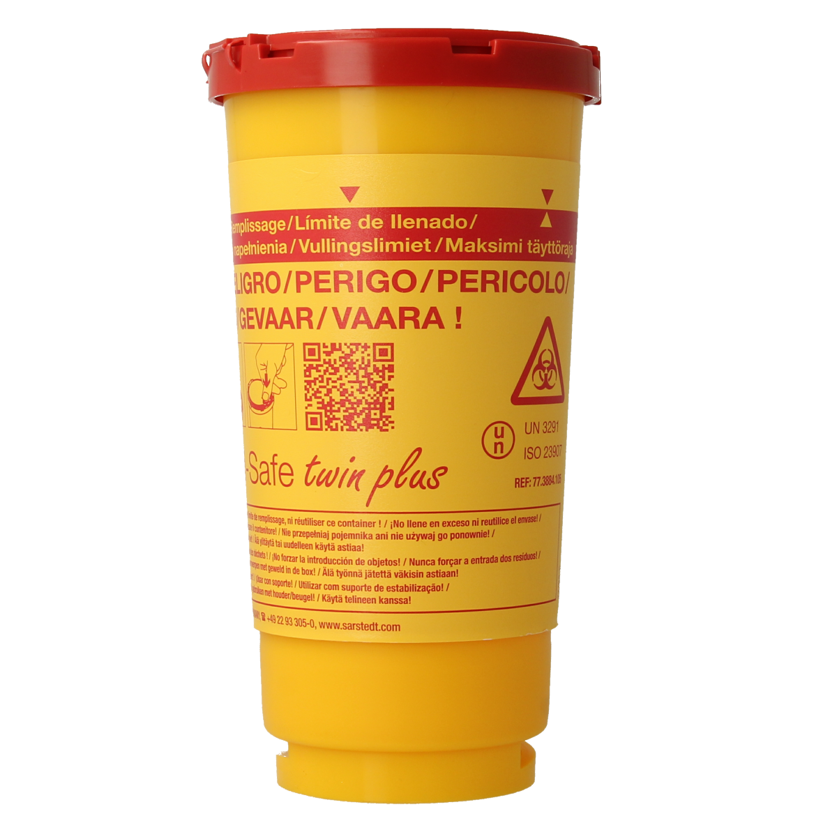 Spruyt Hillen 500ml lancetten container, medical needle storage box, designed for safe needle disposal and handling.