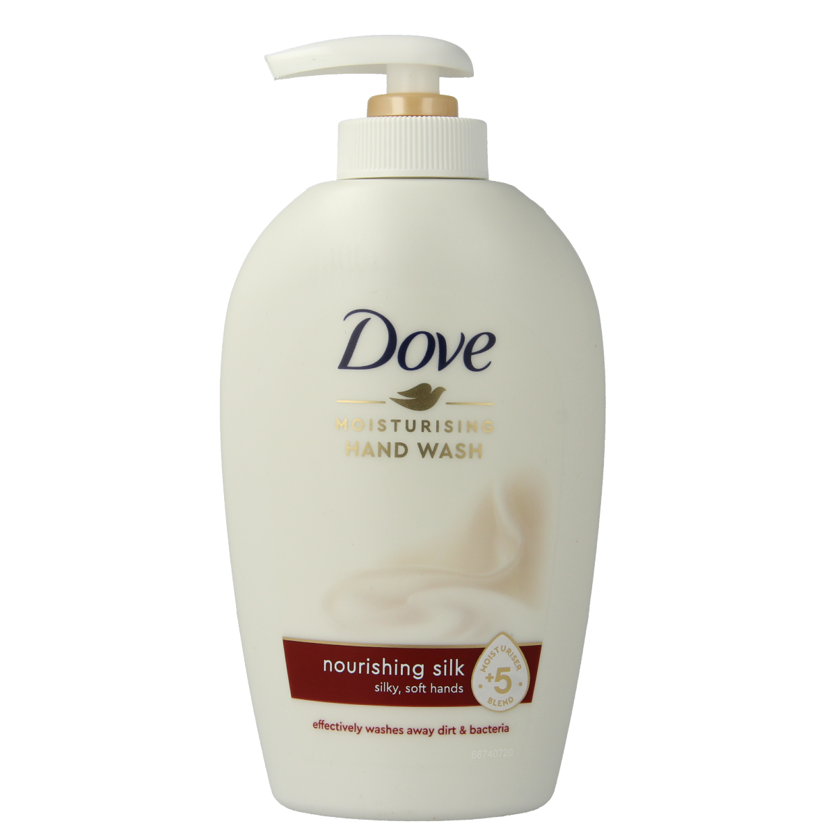 Dove hand soap bottle with silk liquid hand wash, 250ml, featuring a white and blue design for hand skincare.