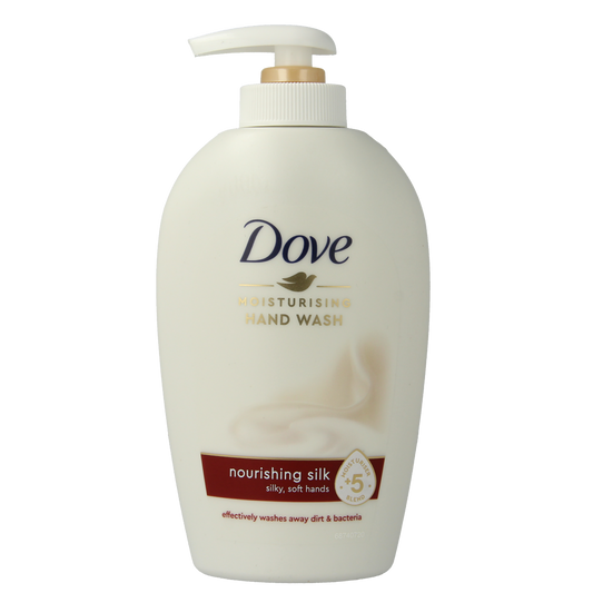 Dove hand soap bottle with silk liquid hand wash, 250ml, featuring a white and blue design for hand skincare.