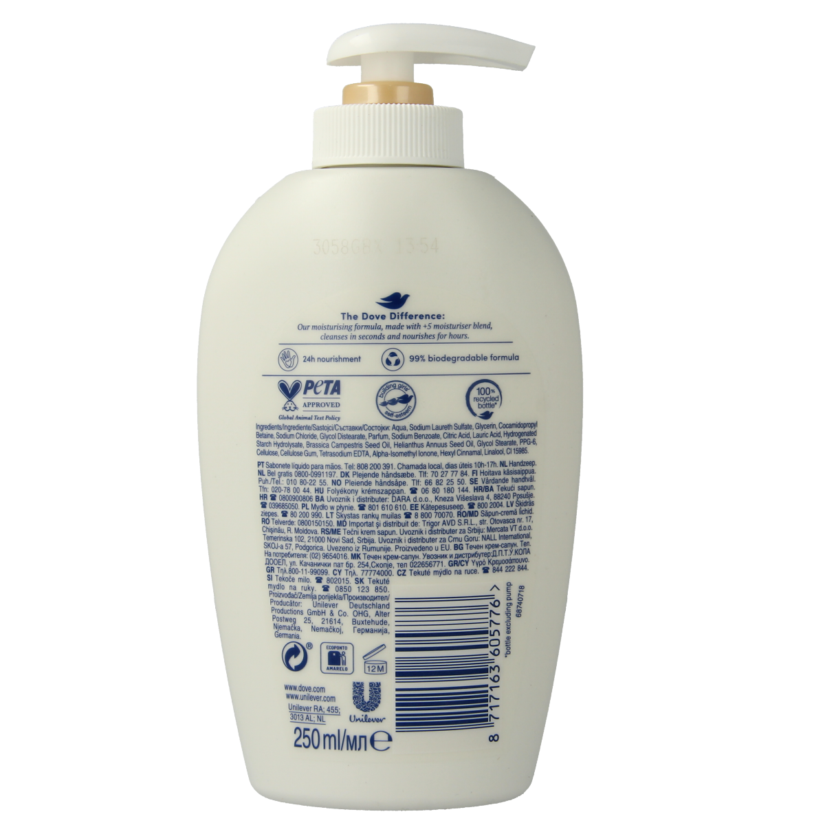Dove hand soap in a 250ml bottle, featuring silky liquid hand care with gentle cleansing properties.
