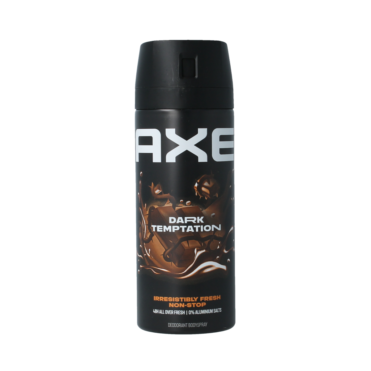 AXE Dark Temptation deodorant spray bottle, 150ml, with sleek black packaging and spray nozzle, for men’s fragrance and freshness.