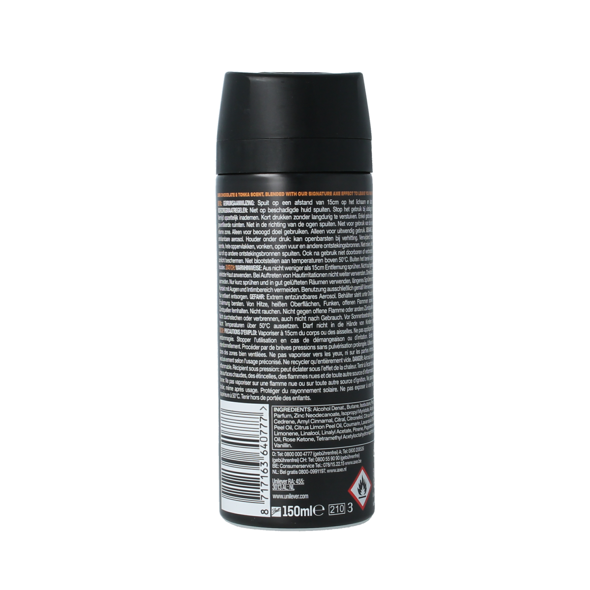 AXE Dark Temptation deodorant spray bottle, 150ml, featuring black and gold packaging, ready for use.