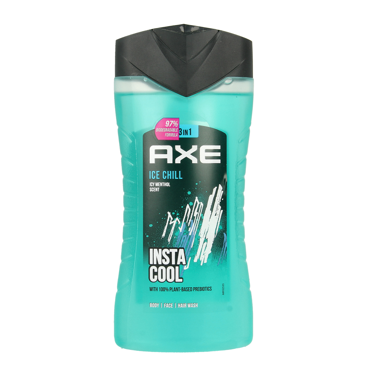AXE Ice Chill shower gel bottle, 250ml, for men, with a sleek blue design and refreshing cooling scent, suitable for daily use.