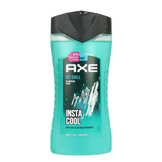 AXE Ice Chill shower gel bottle, 250ml, for men, with a sleek blue design and refreshing cooling scent, suitable for daily use.